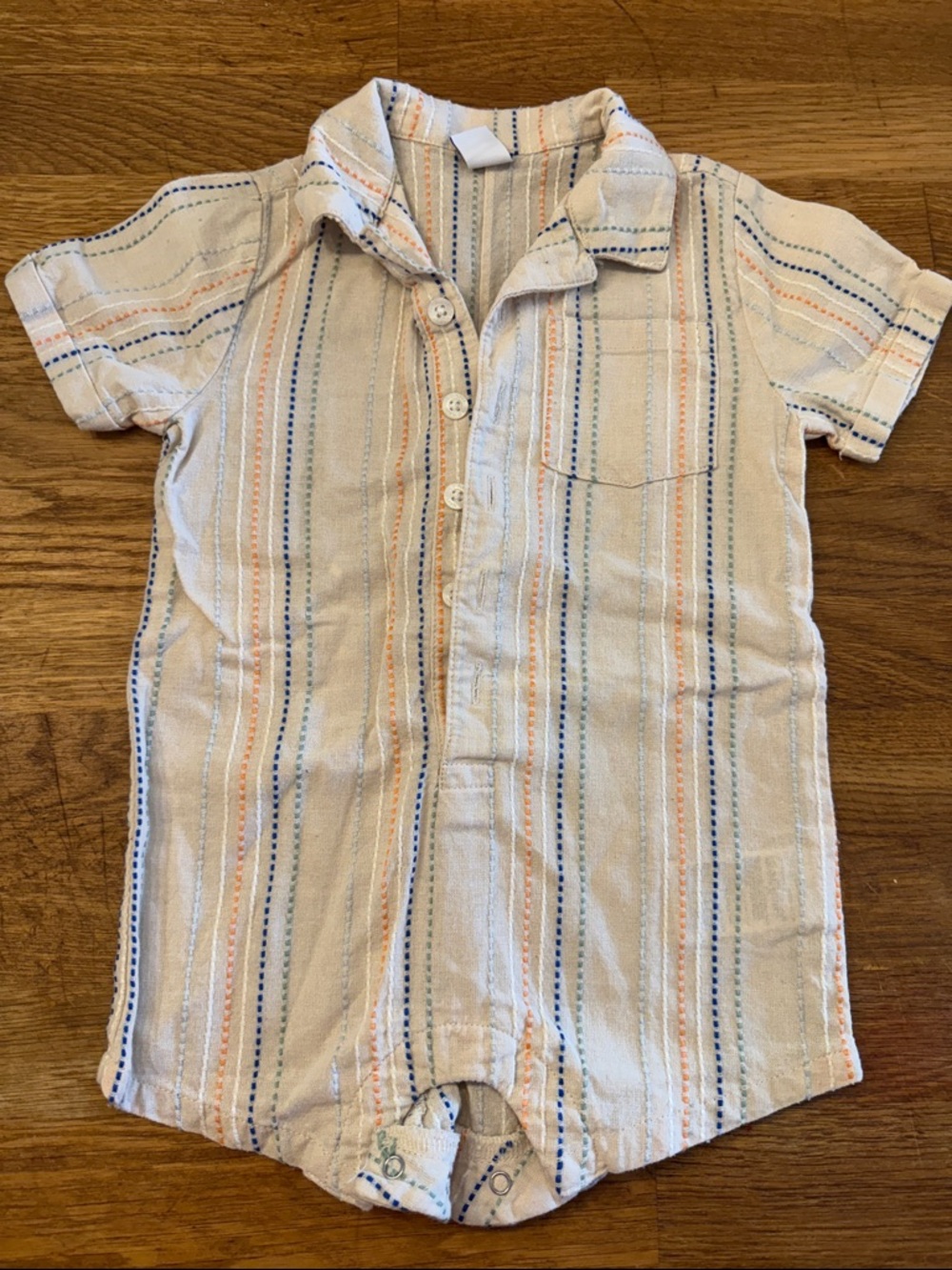 Old Navy Cream Romper with Blue and Orange Stitch Stripes